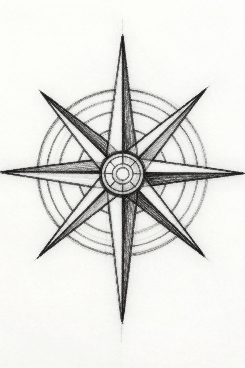 hand tattoos for guys compass mandala flash, sketch raw style, hairline 0.5mm single needle strokes, eight radial spokes, open negative space, zero fills