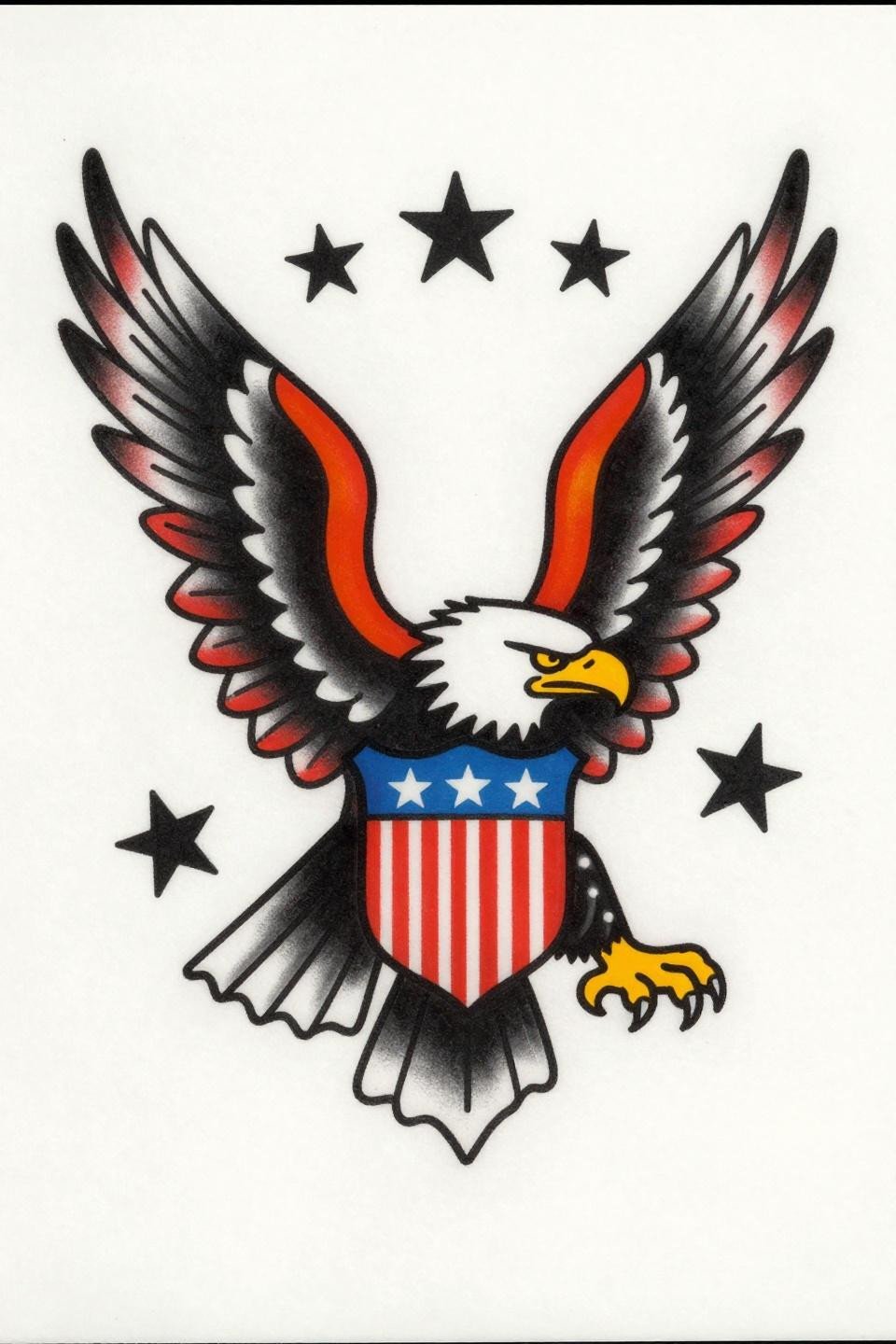 hand tattoos for guys traditional American eagle flash, full wing spread, patriotic shield body, crimson red accent, bold 2-3pt outlines, flat fills, sailor flash proportions