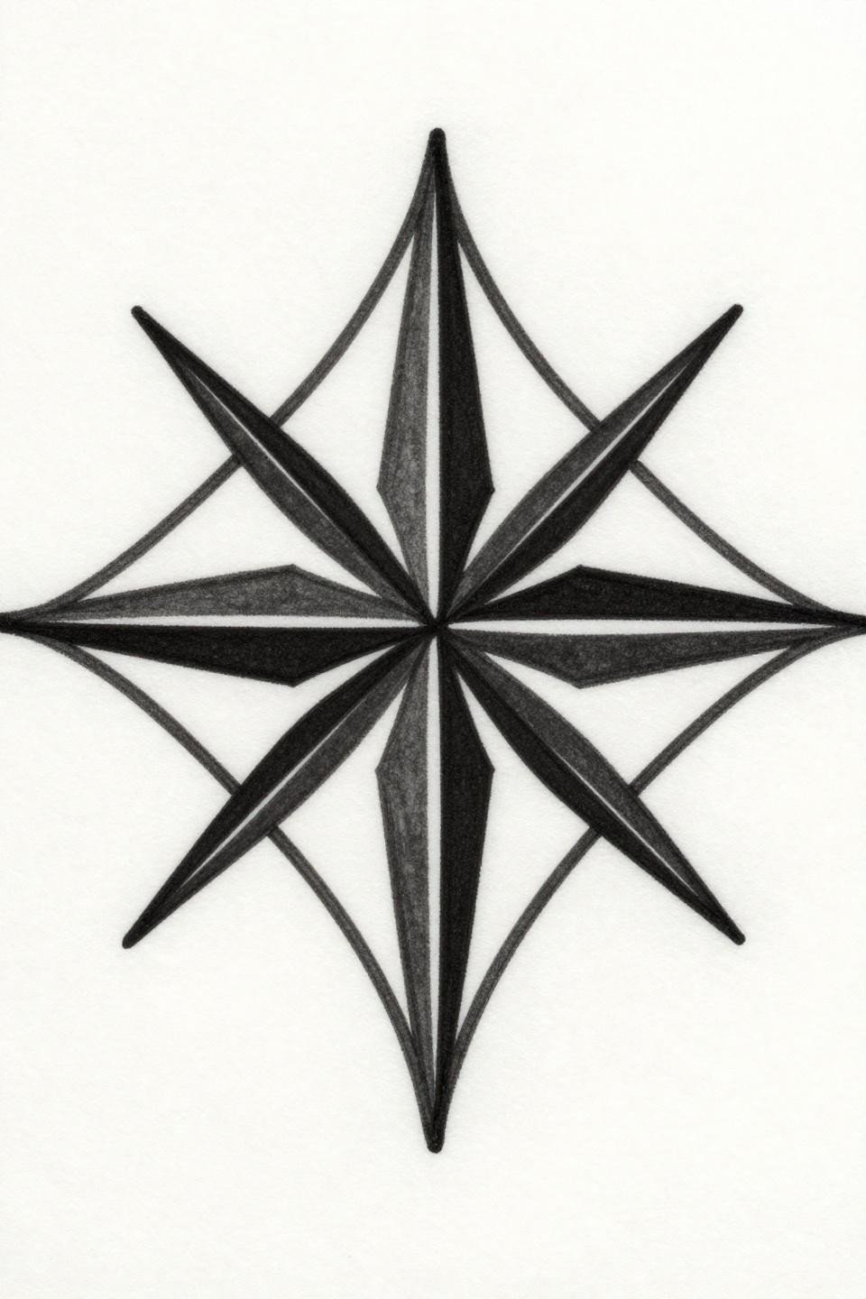 hand tattoos for guys geometric compass rose flash, tribal style, four sharp cardinal points, alternating solid black segments, bold 2-3pt outlines, flat black fills, diamond square silhouette