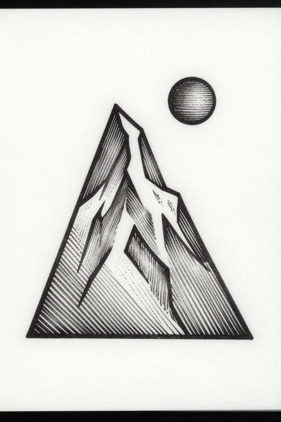hand tattoos for guys geometric mountain woodcut flash, parallel horizontal line hatching interior, single needle etching strokes, off-center circle moon, triangular asymmetric composition