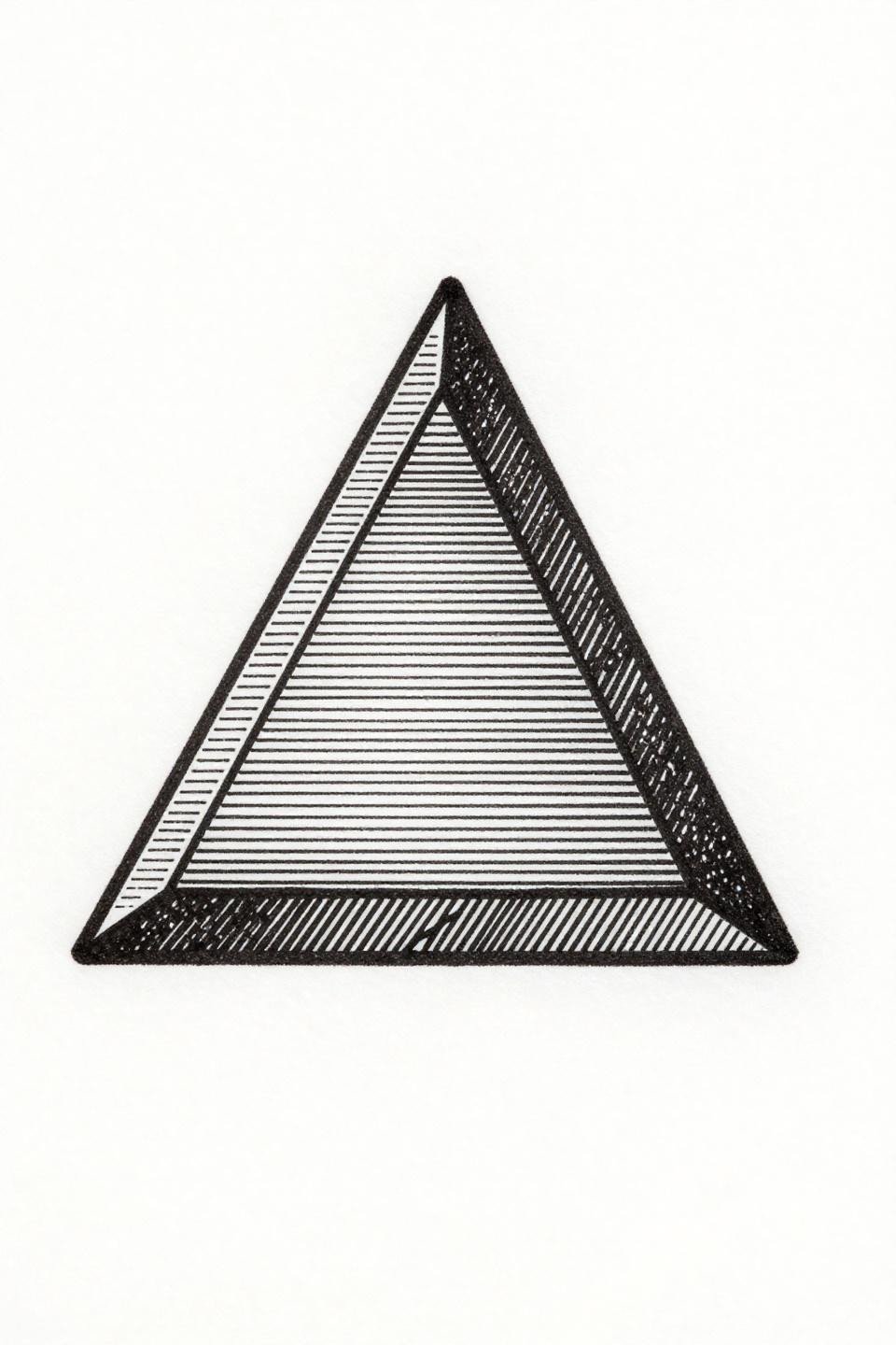 hand tattoos for guys geometric triangle flash, equilateral crosshatch interior, parallel horizontal ruled strokes, bold outline, open corner negative space, no grey wash