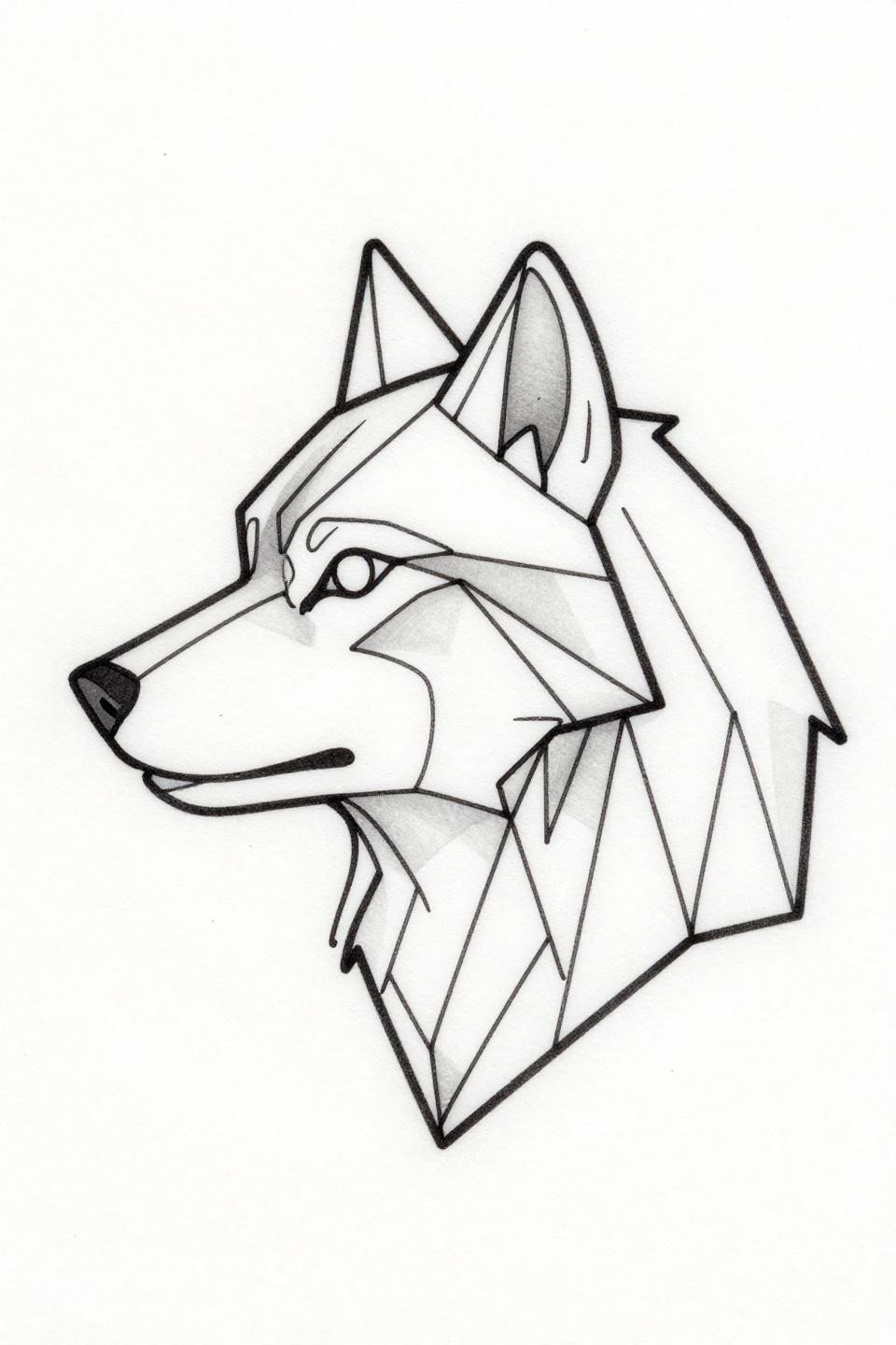 hand tattoos for guys geometric wolf head flash, single continuous line style, angular facets, hairline 0.5mm single needle, zero fill, open negative space, sharp jaw profile