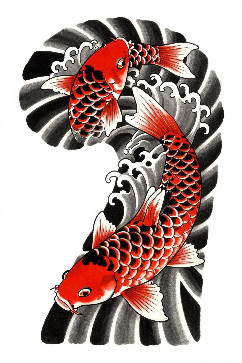 hand tattoos for guys Japanese koi irezumi flash, dynamic S-curve leap, traditional arc scales, grey wash dilution, cresting wave forms, crimson red accent, no solid black fields