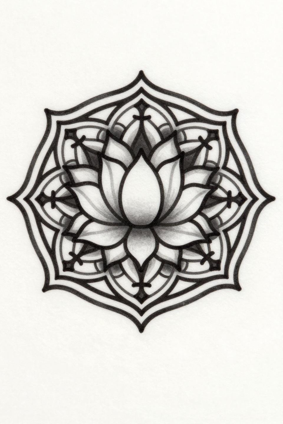 hand tattoos for guys full hand mandala flash, art nouveau nested lotus petals, eight-pointed star, Islamic geometric interlace, bold outlines, grey wash midtones, radial symmetry