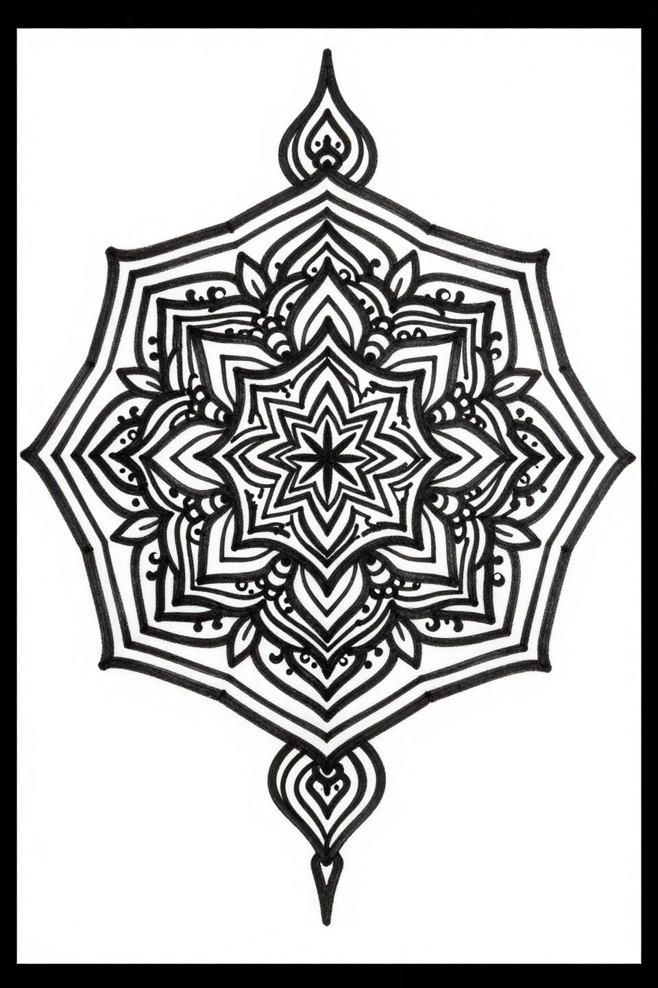 hand tattoos for guys Sak Yant mandala flash, nested hexagonal geometry, bold 2-3pt outlines, dense Islamic interlace pattern, flat black ink fills