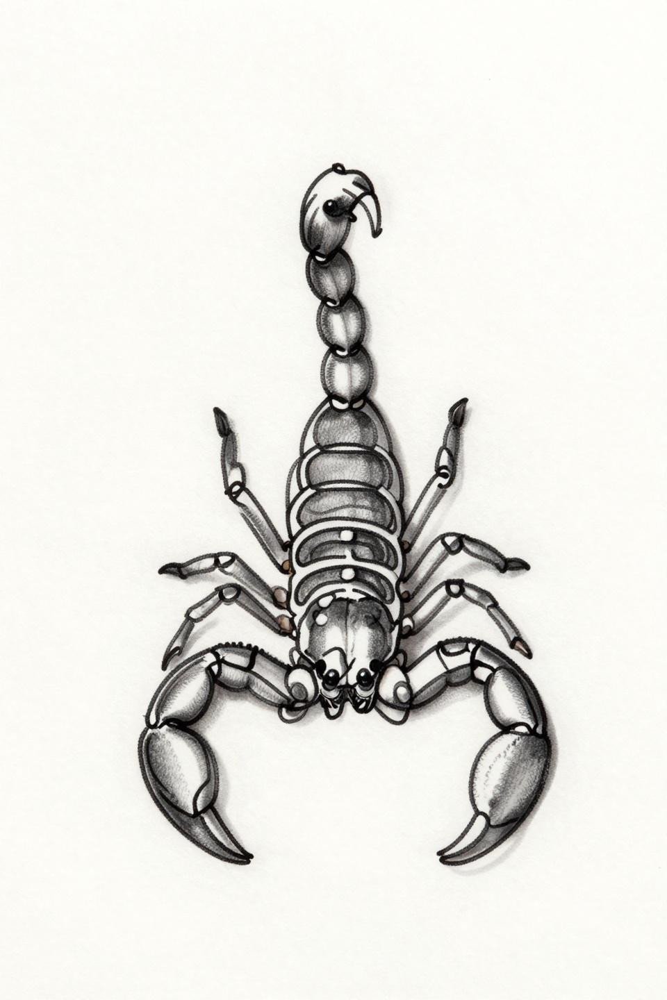 hand tattoos for guys single continuous line scorpion flash, frontal pose, arched stinger tail, segmented abdomen, spread pincers, hairline 0.5mm single needle, open negative space, no fill