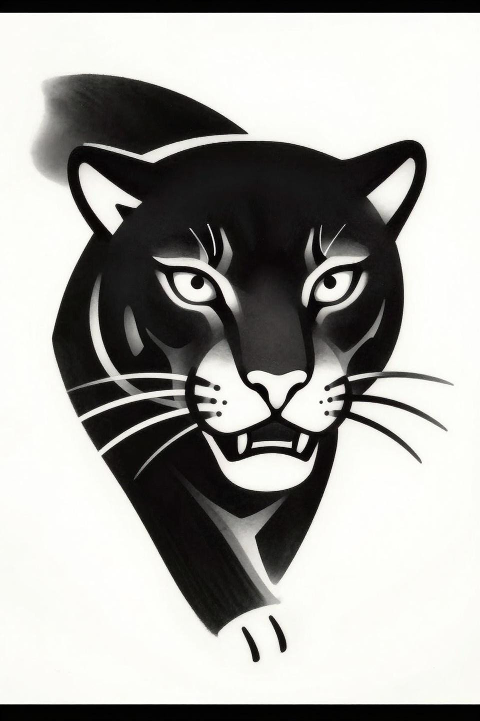 hand tattoos for guys tribal panther flash, bold angular planes, flat black tribal fills, diamond pupil, 2-3pt outlines, solid blackwork carving effect, no grey wash