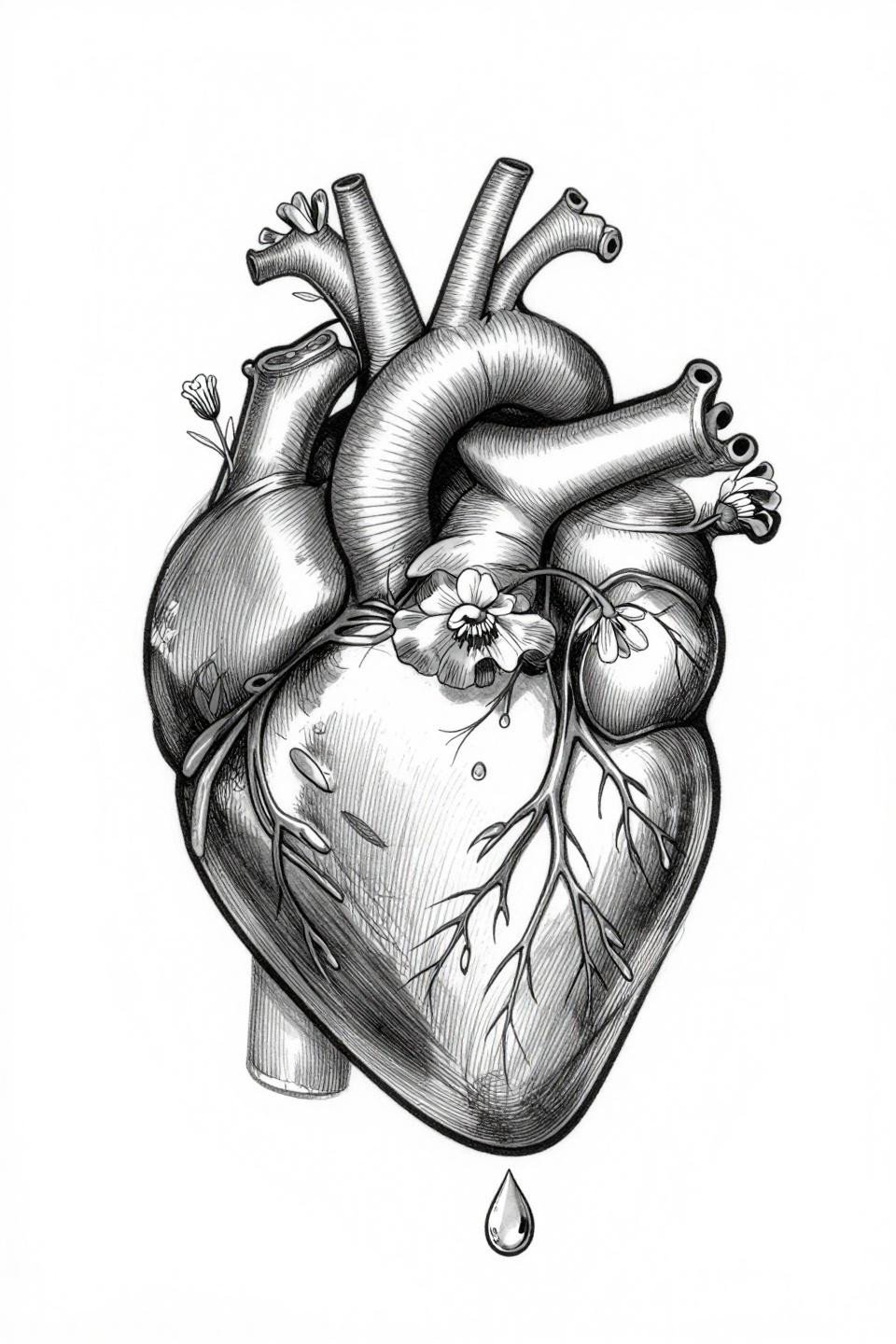 corazon tattoo botanical scientific flash, anatomical heart vascular network wildflower stems from ventricles, water droplet below apex, crosshatch etching engraving technique, hairline 0.5mm strokes grey wash midtones
