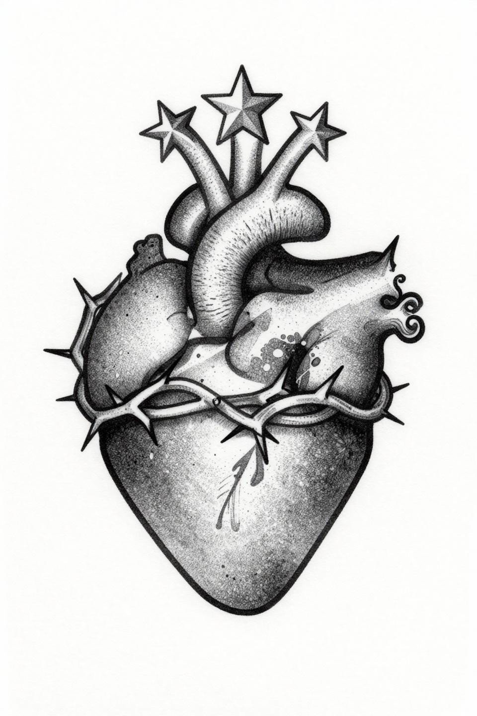 simple tattoo blackwork dotwork flash, anatomical sacred heart thorny crown base flame apex three-pointed star halo, stipple dot gradient dense core to open edges, no solid line fills grey wash midtones