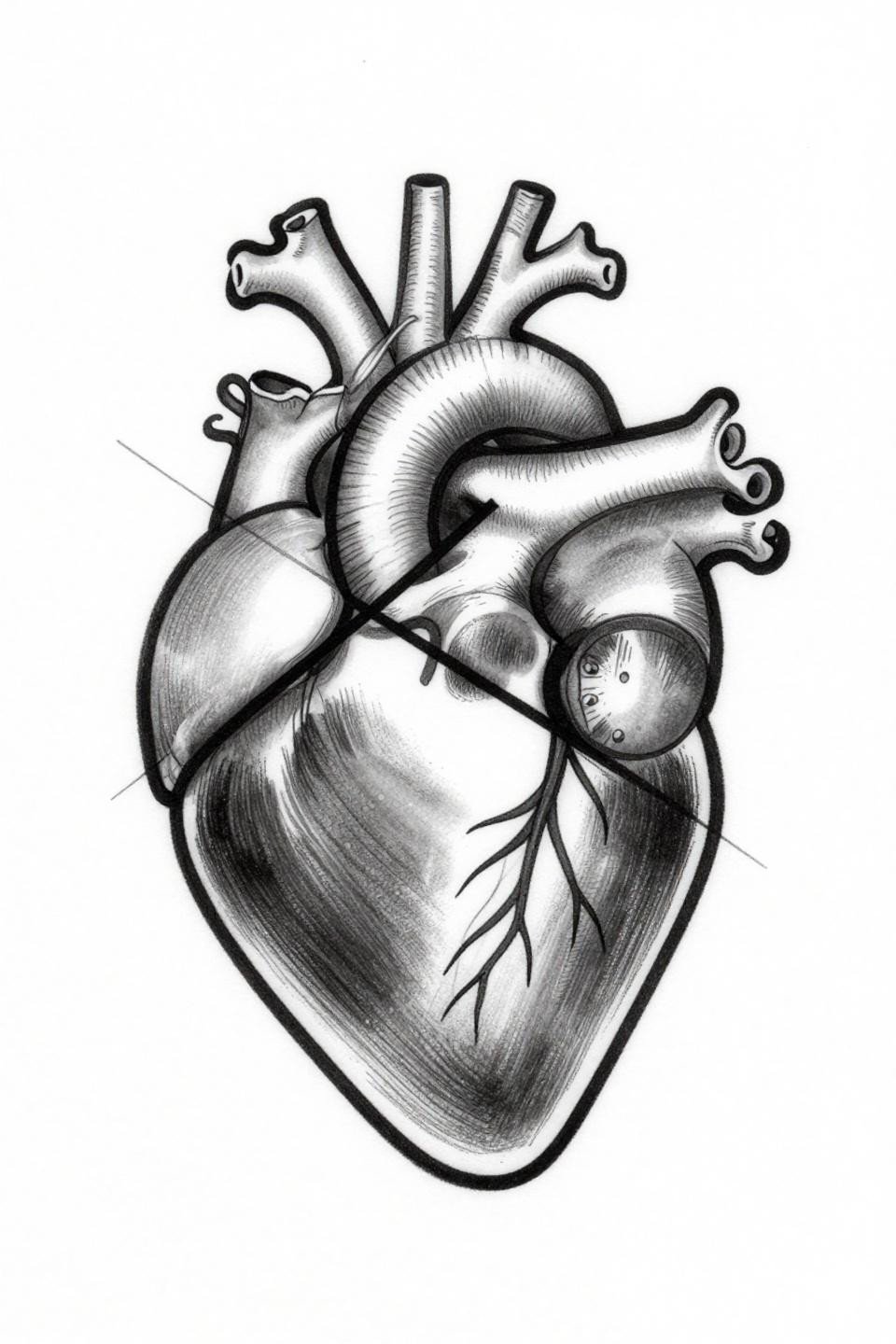 meaningful tattoo fine line minimal flash, anatomical heart overlaid with equilateral triangle geometry, diamond frame, hairline 0.5mm single needle strokes, zero fill open negative space