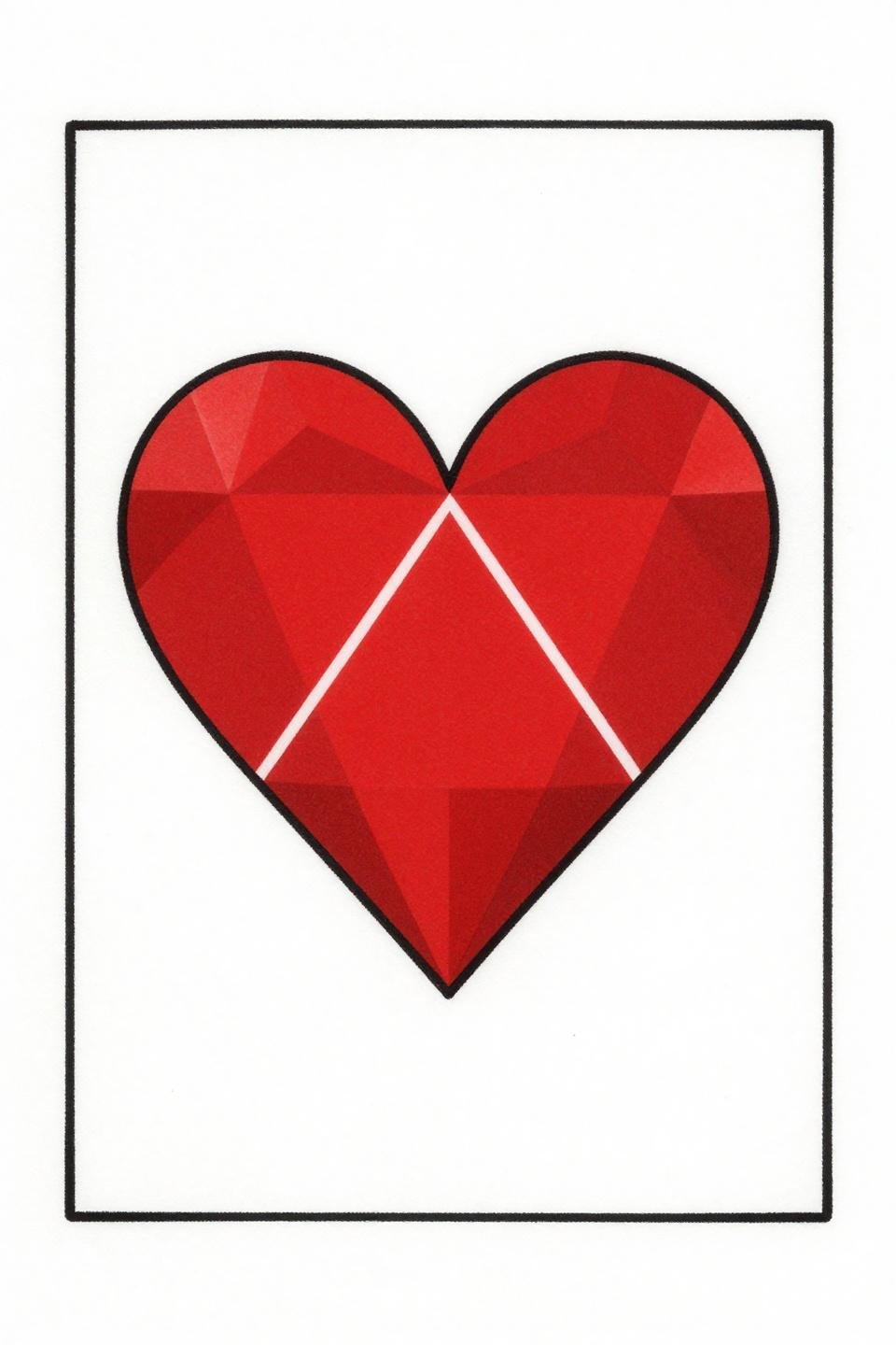 hidden tattoo art deco flash, minimalist heart silhouette diamond facet inlay pattern, thin serif line border, off-center asymmetric composition, bold 2pt outline flat crimson red fill
