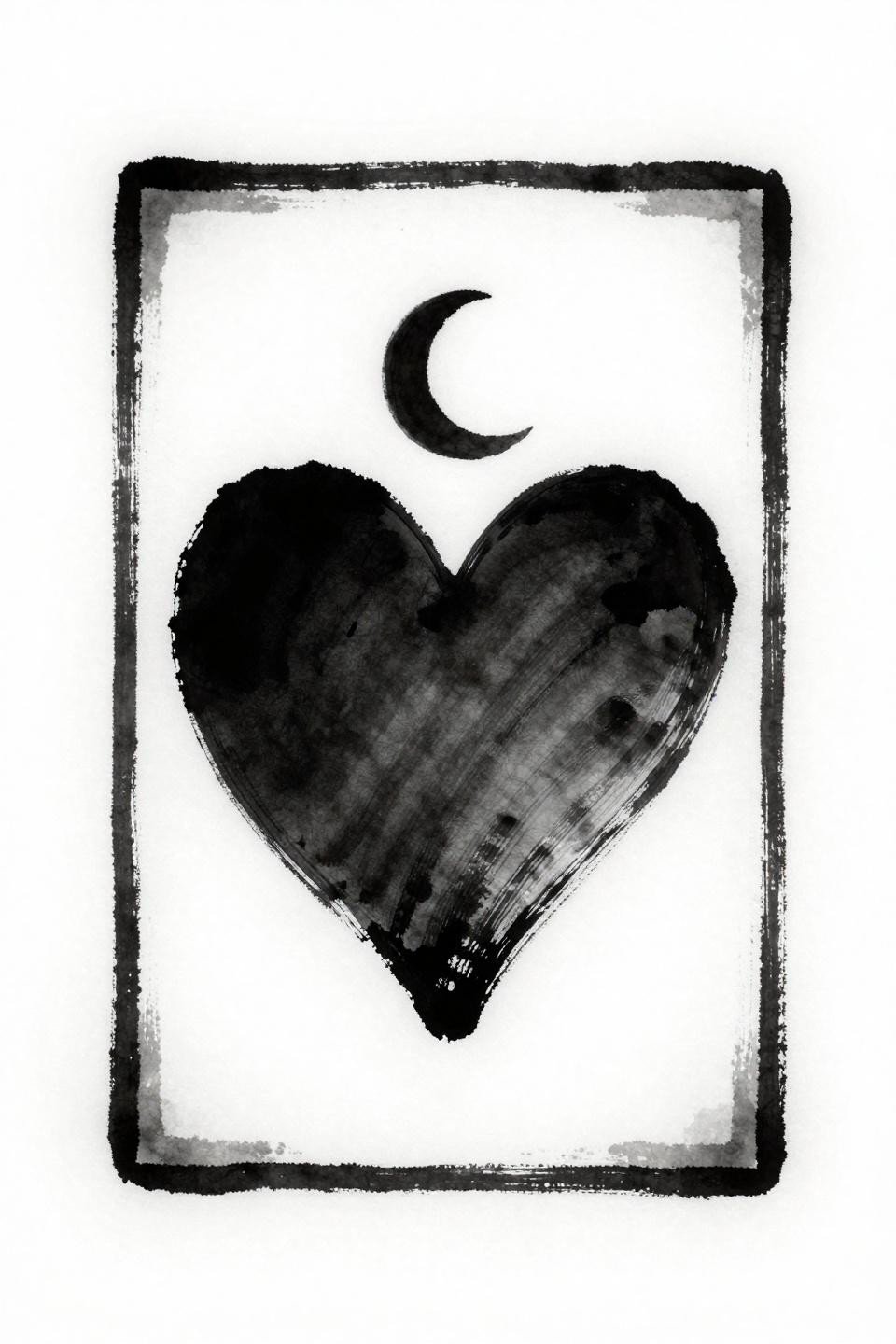 heart tattoo flash Japanese Irezumi style, calligraphic brush stroke heart silhouette, crescent moon inset, serif rectangular frame border, grey wash midtones