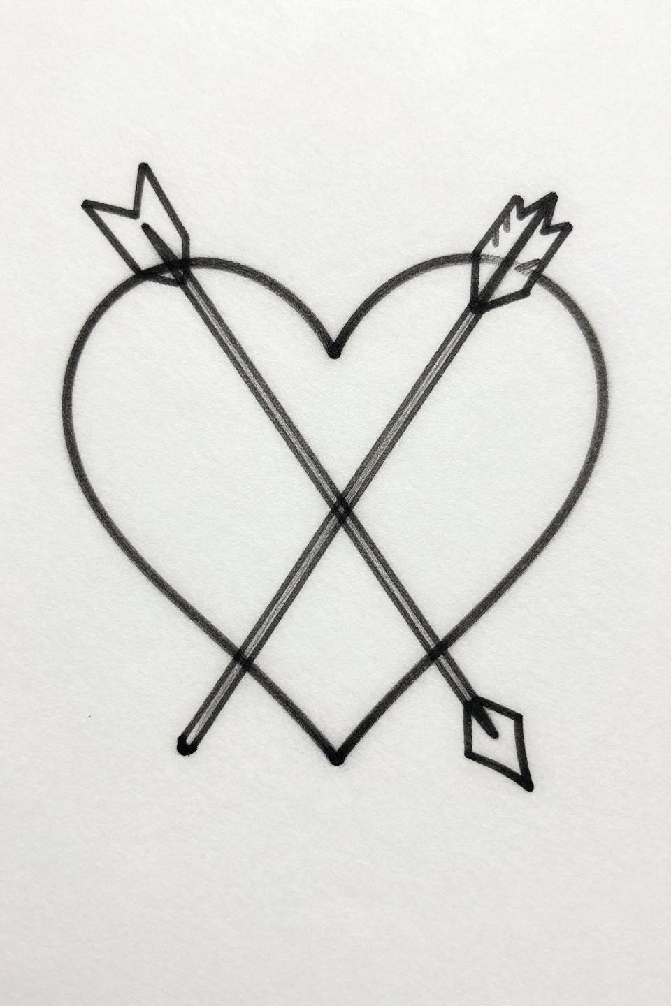 mini tattoo single continuous line flash, minimalist heart outline one unbroken hairline stroke no fill open negative space geometric arrow piercing diagonal axis centered
