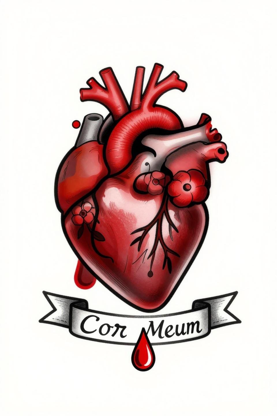 sacred heart tattoo neo-traditional flash, anatomical heart ventricle aorta structure flowering vines coiled chambers blood drop apex Latin banner Cor Meum bold 2-3pt outline crimson red fill
