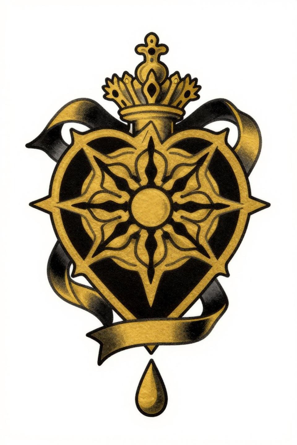 wrist tattoo art nouveau sacred heart flash, ribbon banner crown teardrop, bilateral symmetry circular mandala frame, bold 2-3pt outline warm gold flat fill solid black ink