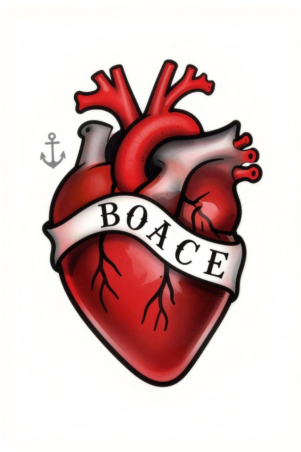 human heart tattoo traditional American flash, anatomical heart with valve chambers, ribbon banner serif lettering, anchor flanking motifs, bold 2-3pt outline crimson red flat fill