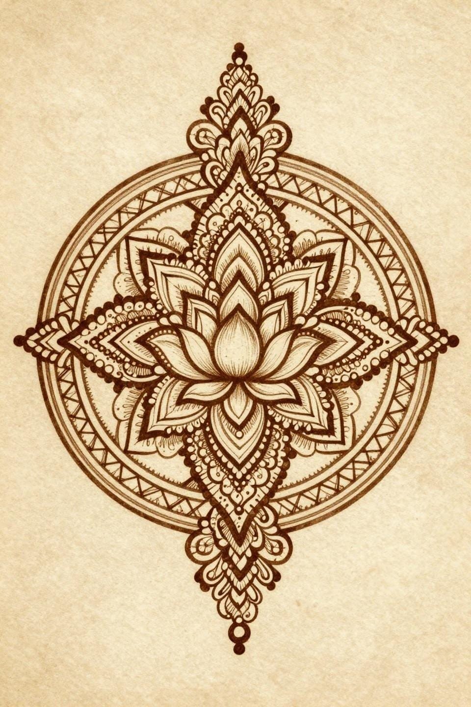 Cute henna designs flash, centered mandala with lotus core, radiating paisley petals, geometric lattice border, 0.5mm linework, dense stipple infill, monochromatic warm sepia on aged cream parchment