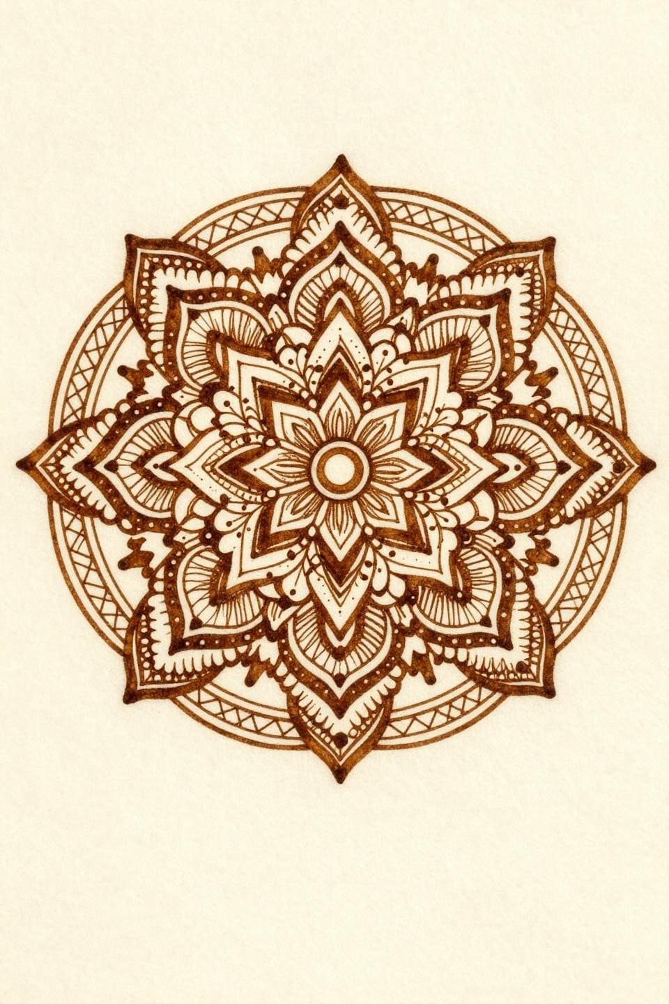 Henna art designs flash illustration, centered mandala with paisley petals, lotus core, geometric lattice border, dense crosshatch fill, deep sienna ink on parchment