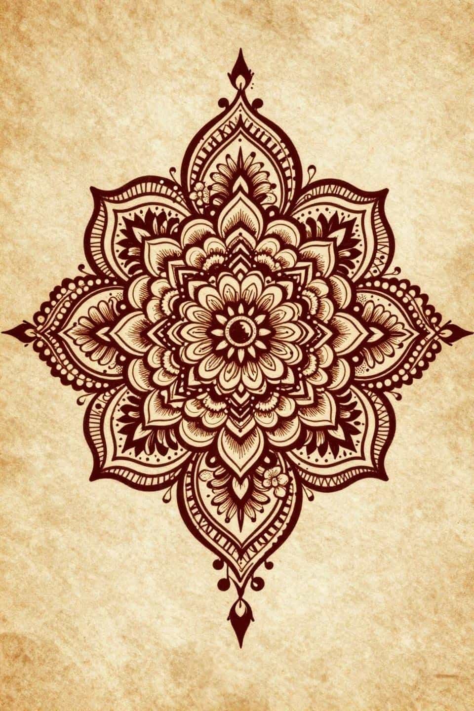 Small henna designs flash, intricate mandala with curved paisley motifs, dense stipple fill at center, open filigree at edges, deep sepia and burnt sienna on aged cream parchment, tattoo reference