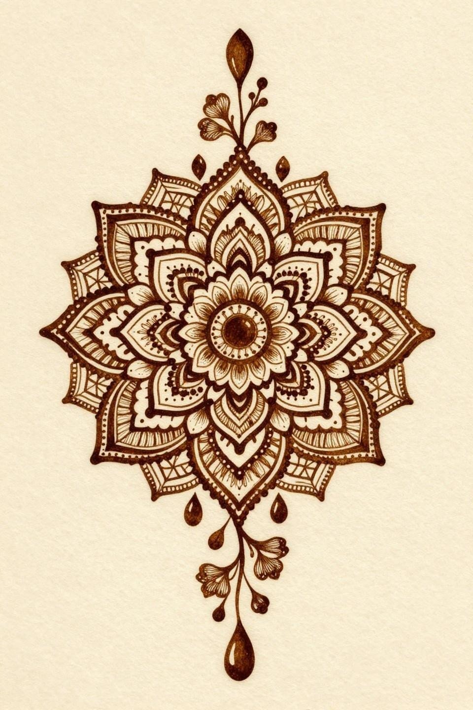 Cute henna tattoos flash, mandala bloom with paisley teardrops, geometric latticework border, 0.5mm hairline linework, dense stipple infill, warm sienna and raw umber on cream parchment