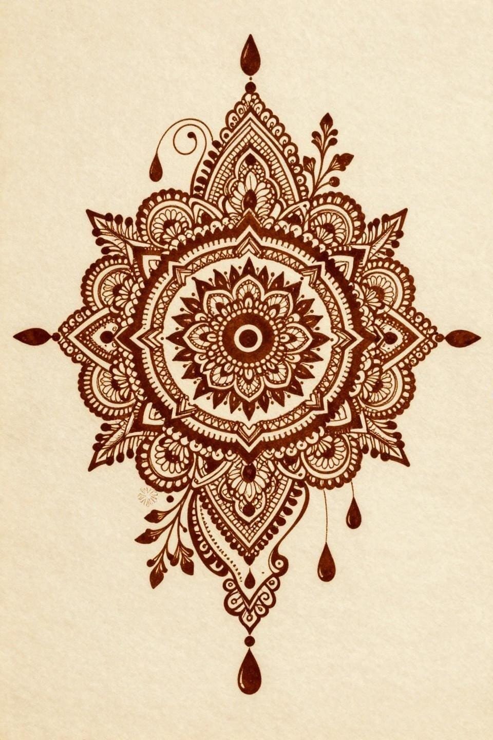 Henna inspo flash, intricate mandala with radiating paisley teardrops, geometric lattice borders, burnt sienna and terracotta ink, dense negative-space fill patterns on aged parchment