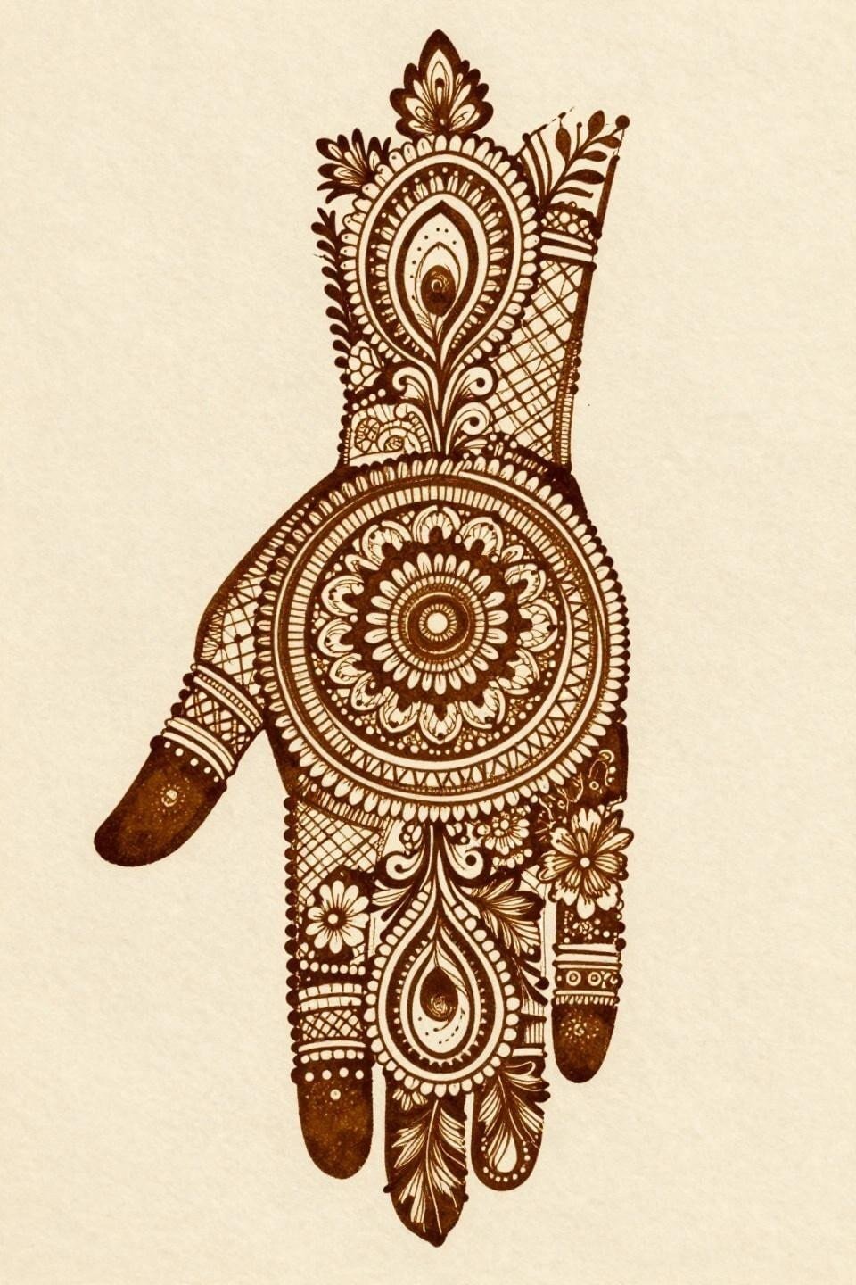 Simple henna tattoo flash, centered mandala with radiating paisley motifs, 0.3mm hairline linework, trailing floral vines, geometric latticework, sepia-brown ink on aged parchment