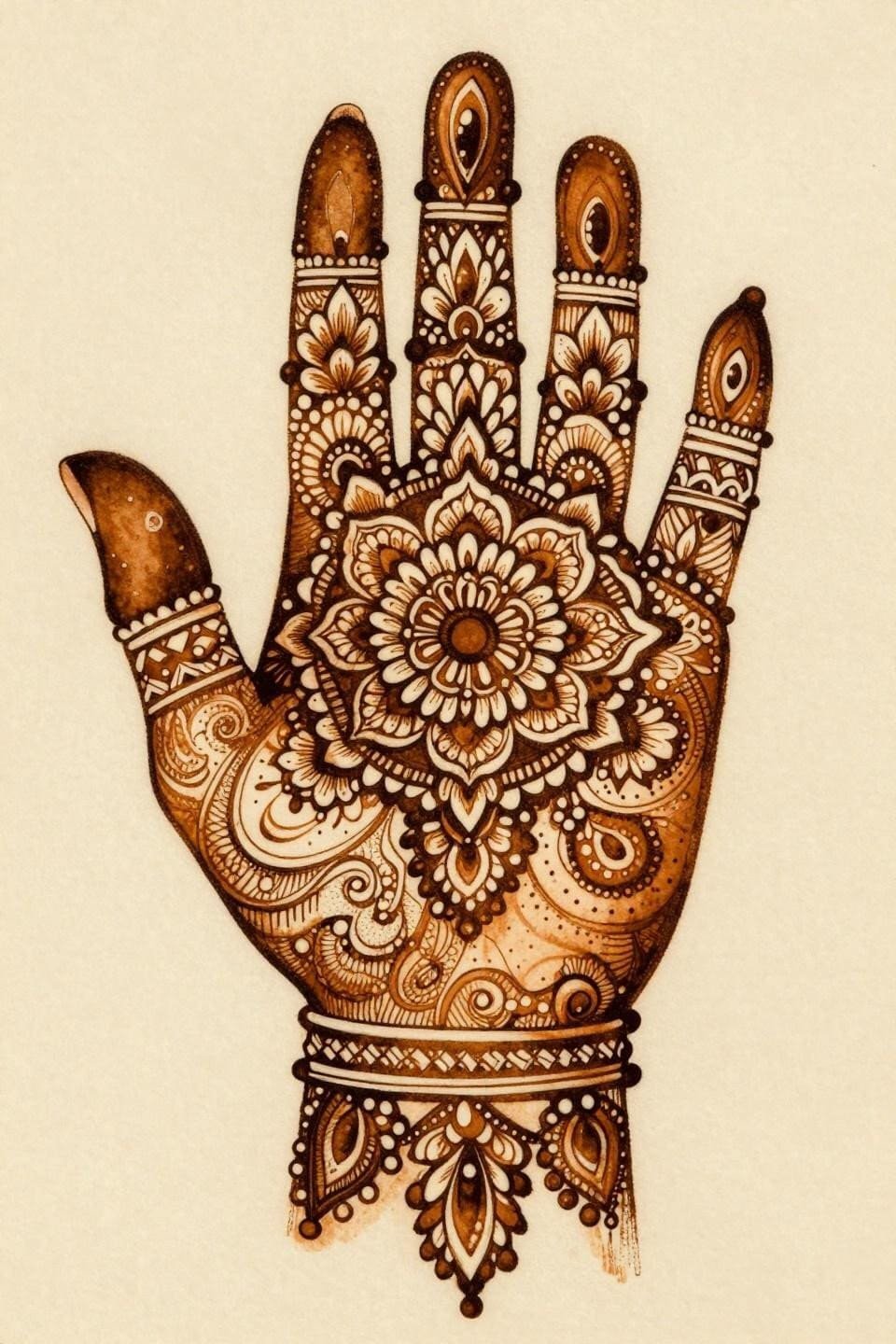 Modern mehndi designs flash, mandala-centered hand motif with radiating paisley fronds, floral lattice fill, geometric border bands, hairline 0.3mm linework, deep sepia and burnt umber on cream parchment