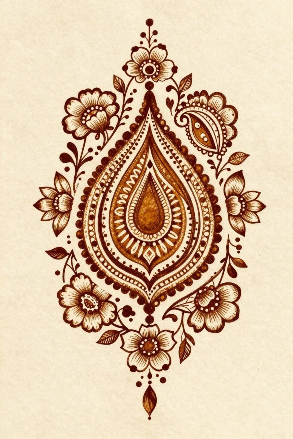 Easy henna designs flash, paisley teardrop centerpiece, fine mandala rings, dotwork fill, hairline 0.3mm linework, burnt sienna and mahogany ink on aged cream parchment