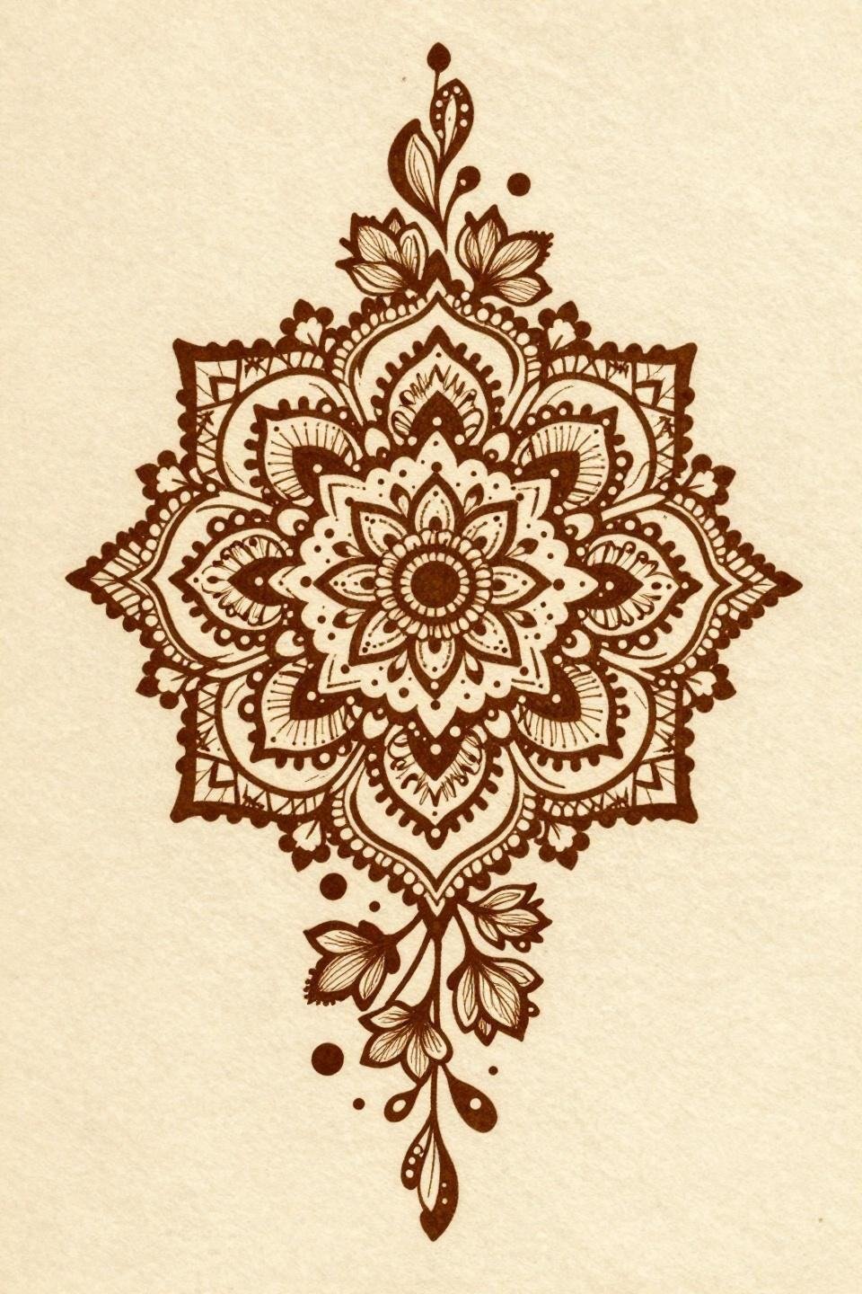 Simple henna tattoo flash, centered mandala with radiating paisley motifs, 0.3mm hairline linework, geometric latticework, dot accents at petal tips, sepia-brown ink on aged cream parchment