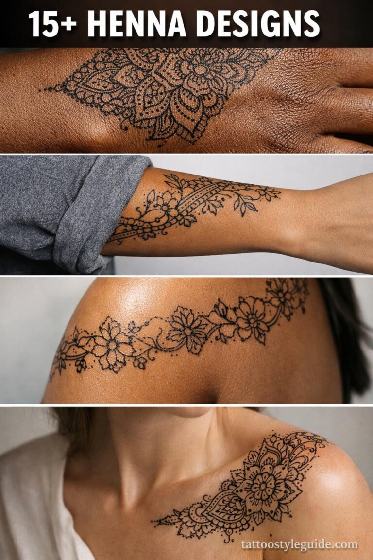 Henna designs tattoo collage showing fine line mandala and paisley patterns on dark brown, olive, medium, and light skin tones across hand, forearm, upper arm, and shoulder placements
