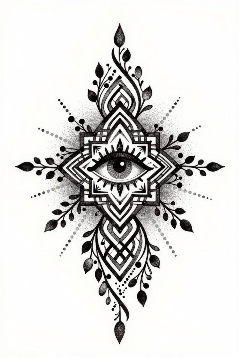 modern henna Arabic lattice blackwork dotwork flash, central teardrop eye, bilateral geometric grid infill, stipple dot gradient dense-to-open, grey wash dilution, fine vine seed pod accents