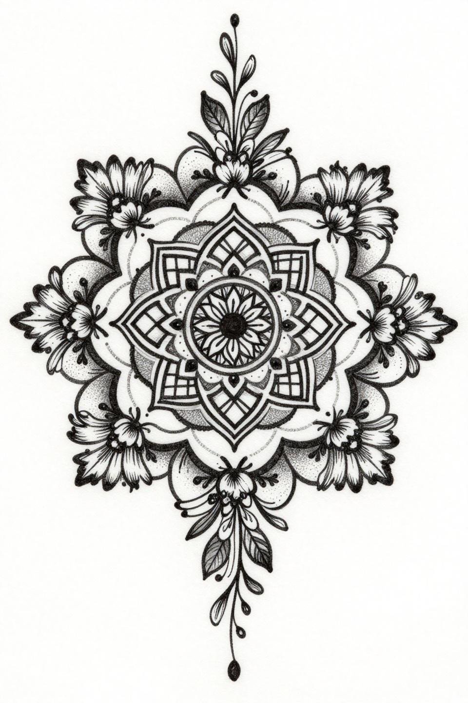 arabic henna botanical scientific style medallion mandala flash, concentric circular mandala, diamond lattice inlay, floral spray radial accents, stipple dot gradient dense-to-open, grey wash dilution