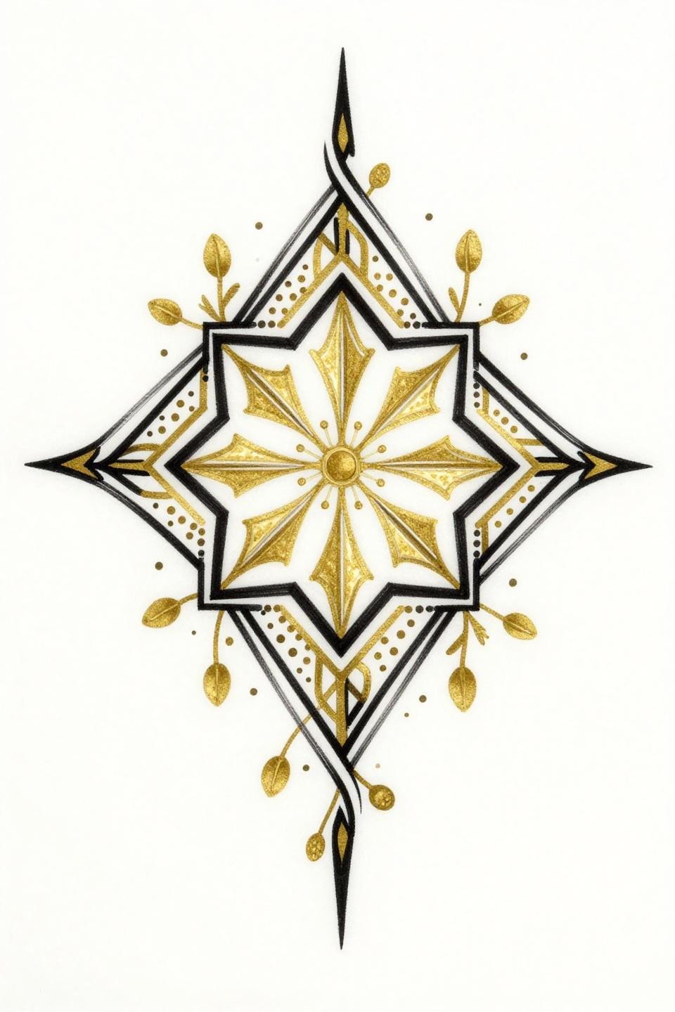 henna tattoo designs Art Deco flash, Islamic lattice hexagonal medallion, carved negative space geometric bands, flat gold fills, bold 2-3pt black outlines, diamond frame composition
