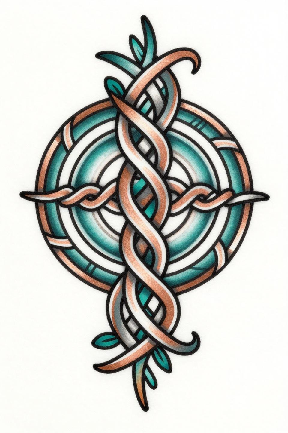 henna simple Celtic knotwork flash, hexagonal rosette center, interlocking ribbon bands, vertical bilateral symmetry, bold 2-3pt outlines, deep teal copper metallic fill