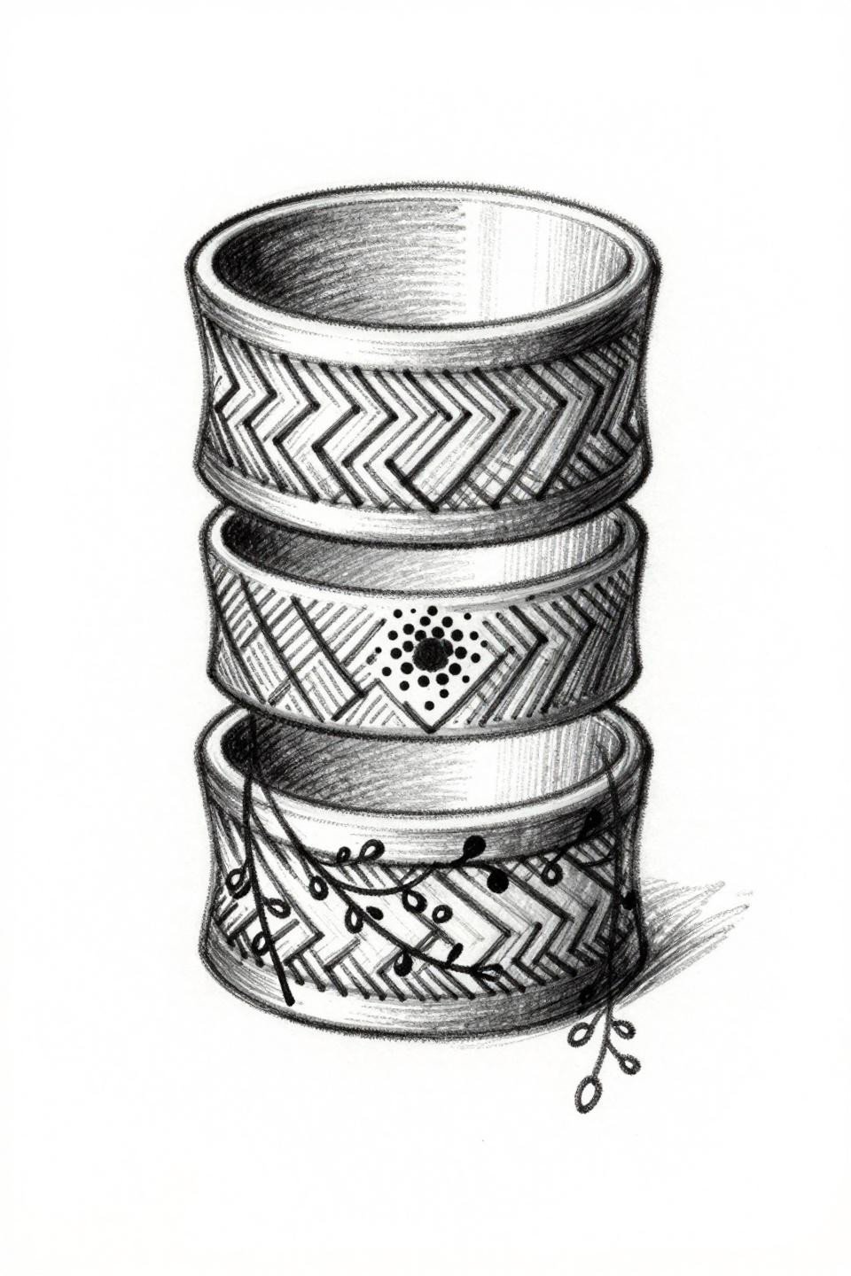 easy henna sketch raw style geometric cuff flash, three stacked chevron weave bands, loose parallel line engraving marks, central dot cluster, descending vine tendrils, open negative space