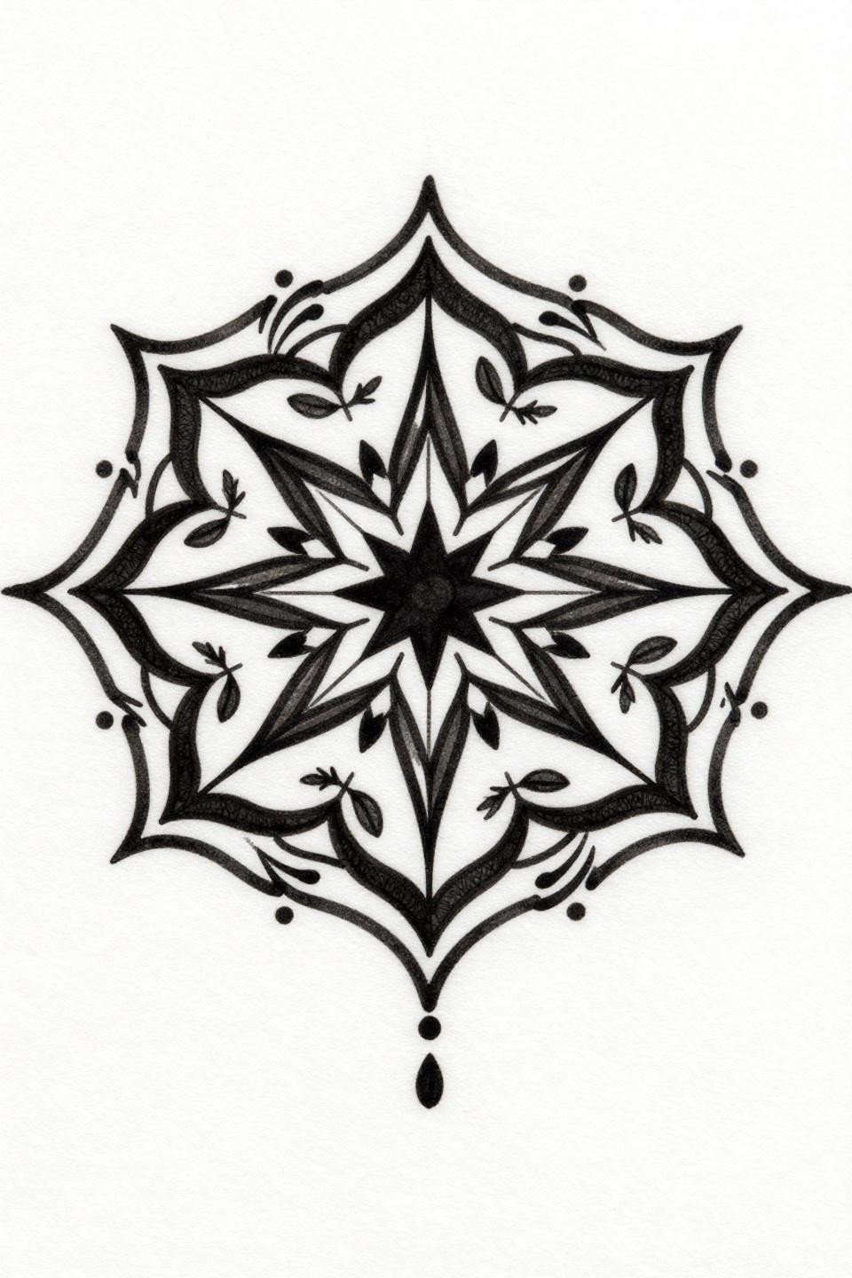 henna simple clean vector geometric Persian medallion flash, eight-pointed star radial starburst, nested concentric circles triangular fillers, bold 2-3pt outlines, flat black ink vector precision