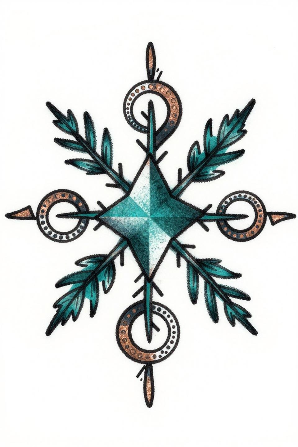 henna tattoo hand ignorant style flash, eight-pointed star medallion, imperfect bold 2-3pt outlines, deep teal copper accent, asymmetric vine stems dot cluster fills