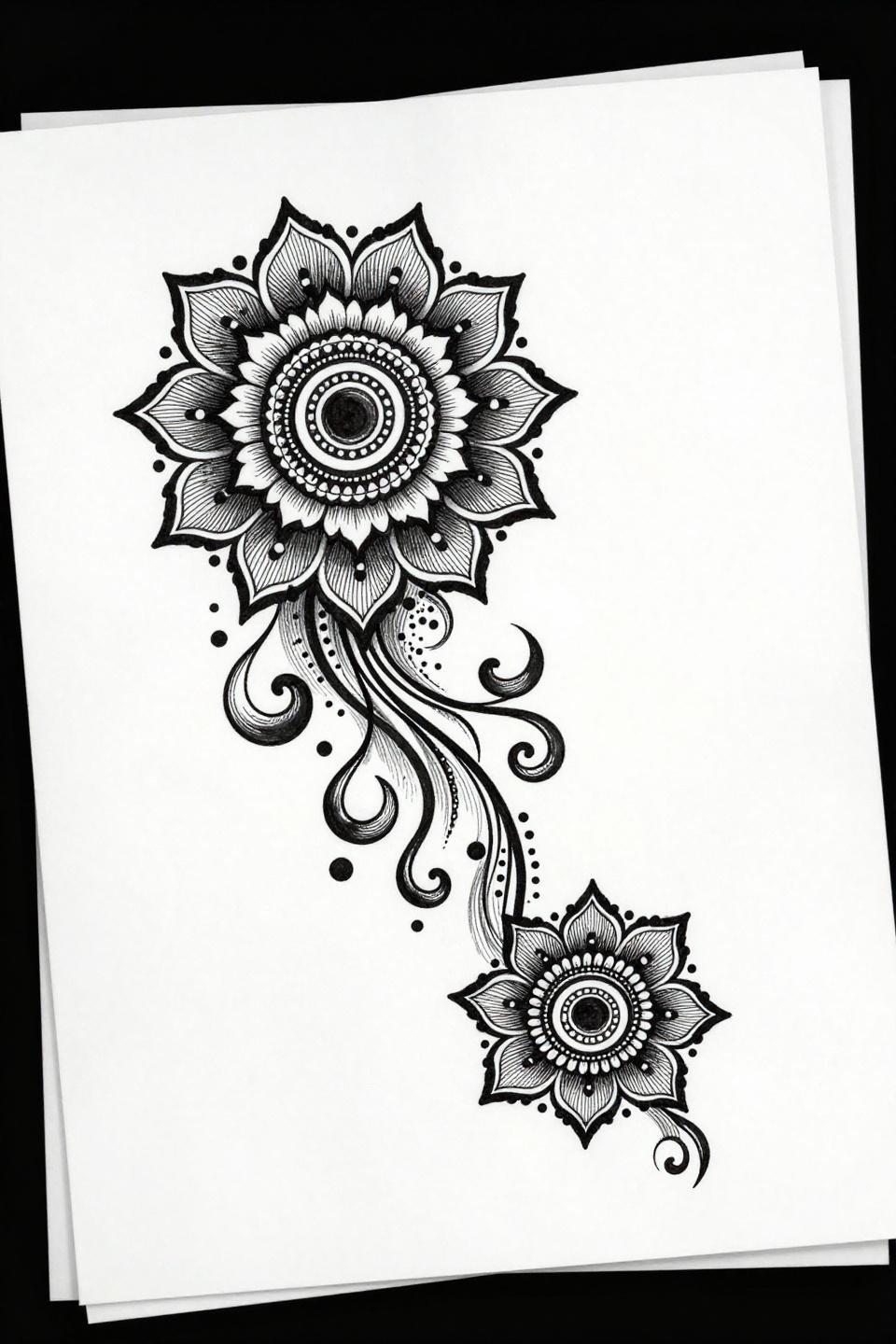 simple henna lotus crosshatch engraving flash, 12-petal radial design, 0.3pt parallel hatch strokes, concentric circle center, asymmetric vine cascade