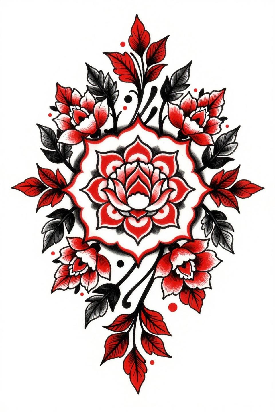 modern henna lotus mandala old school sailor flash, bold 2-3pt black outlines, flat crimson red accent fill, bilateral mirror symmetry, interlocking floral vine lattice