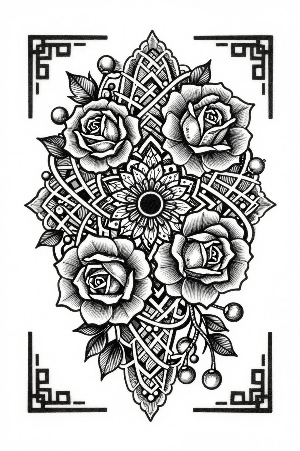 henna tattoo designs etching woodcut mandala flash, lace lattice webbing, nested rose spiral radial pattern, crosshatch parallel hatch shadow depth, geometric corner brackets, grey wash midtones
