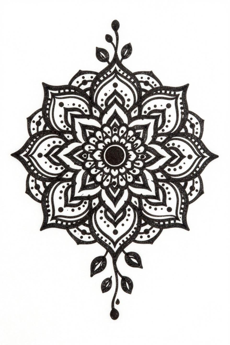 moroccan henna lotus mandala linocut woodcut flash, eight nested petals, thick carved relief lines, solid black no grey, bilateral symmetry