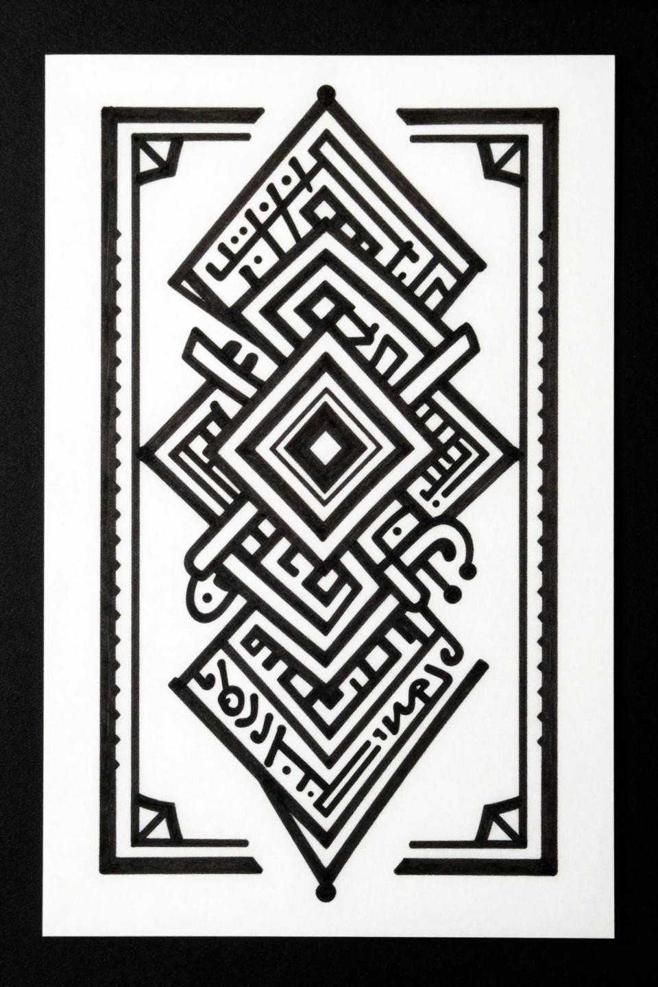 moroccan henna tribal geometric flash, stepped triangle borders, interlocking kufic script elements, dense solid black fills, angular bilateral symmetry, bold 2-3pt outlines, no grey wash