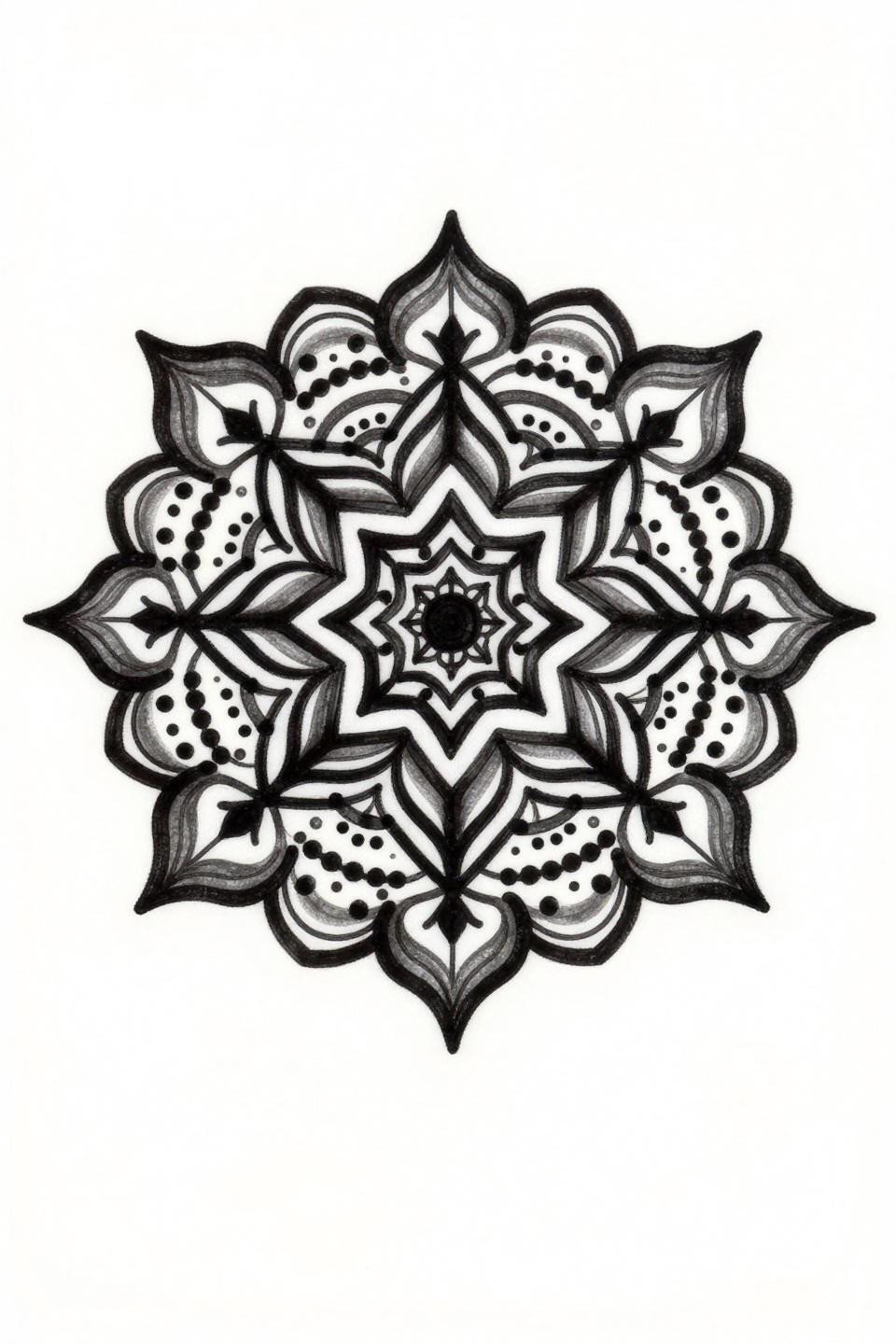 henna inspo neo-traditional Moroccan mandala flash, eight-pointed star center, nested circular petal rings, bold black outlines, flat dense black ink, zero grey wash, bilateral symmetry