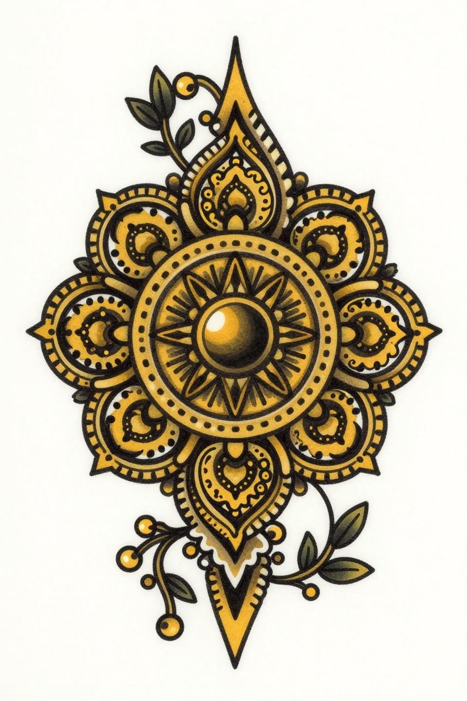 palm henna designs traditional American flash, central teardrop paisley infill, flat golden yellow fill, nested circular geometric frames, bold 2-3pt outlines, bilateral symmetry