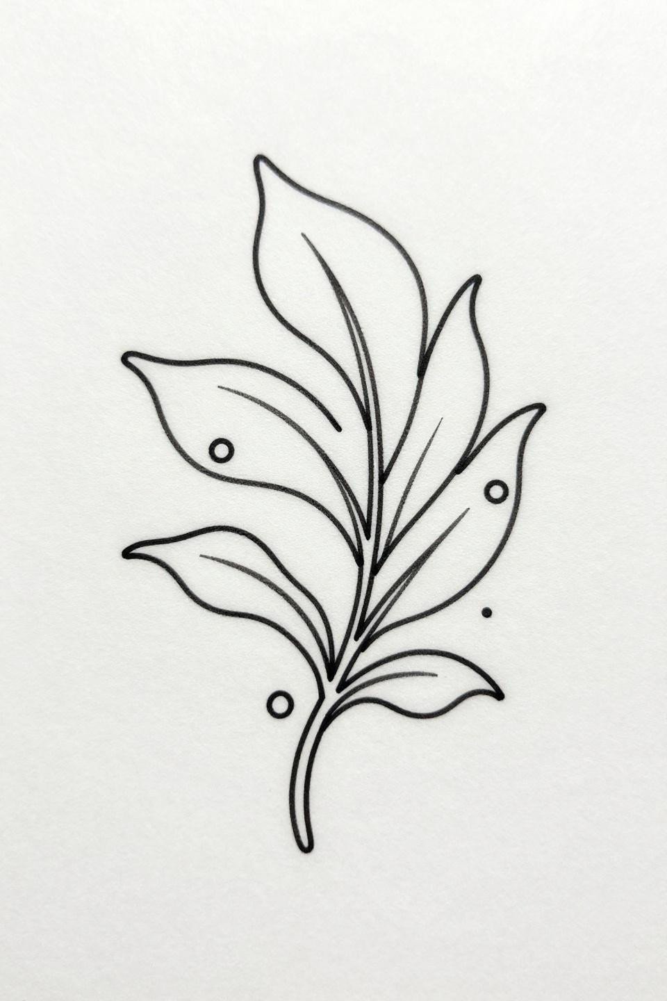 simple henna palmette continuous single line flash, hairline 0.5mm unbroken strokes, asymmetric organic vine curl, circular dot accents, open horizontal negative space, no fills no solid fields