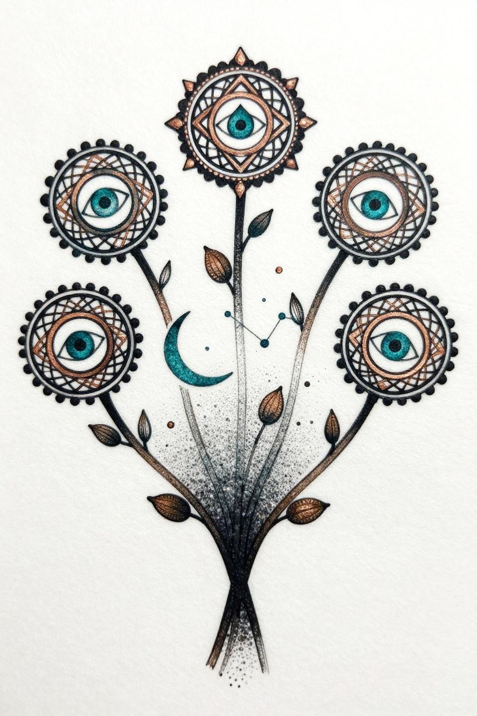 easy henna palmette surrealist flash, five asymmetric radiating vine stems, stipple dot gradient dense-to-open, deep teal ink copper metallic accent, constellation field