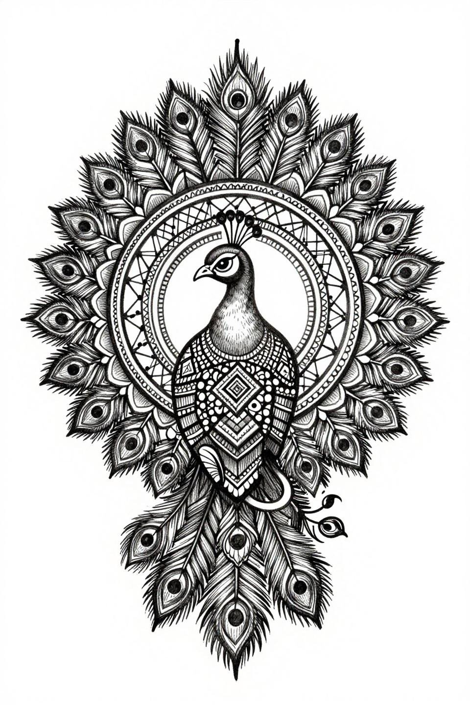 henna inspo peacock mandala engraving flash, concentric circular rings, alternating geometric lattice and floral motifs, fine 0.3mm ruled crosshatch strokes
