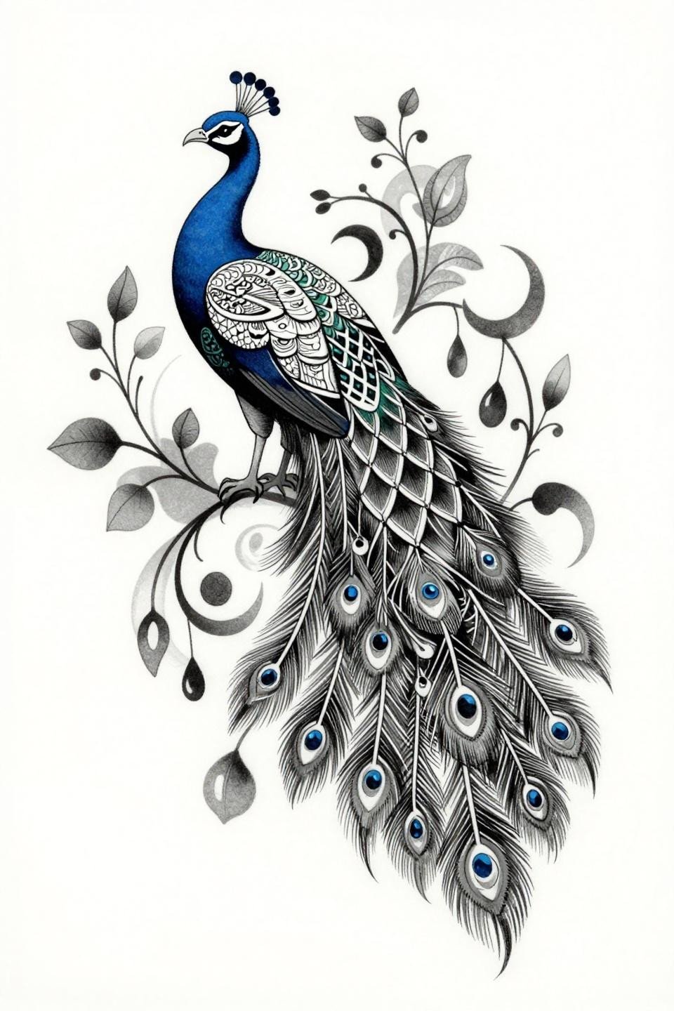 henna tattoo hand Sak Yant style peacock flash, profile tail feather geometric lattice, whip shading curved strokes, bindi scatter motifs, dense black ink grey wash midtones, vine tracery accents