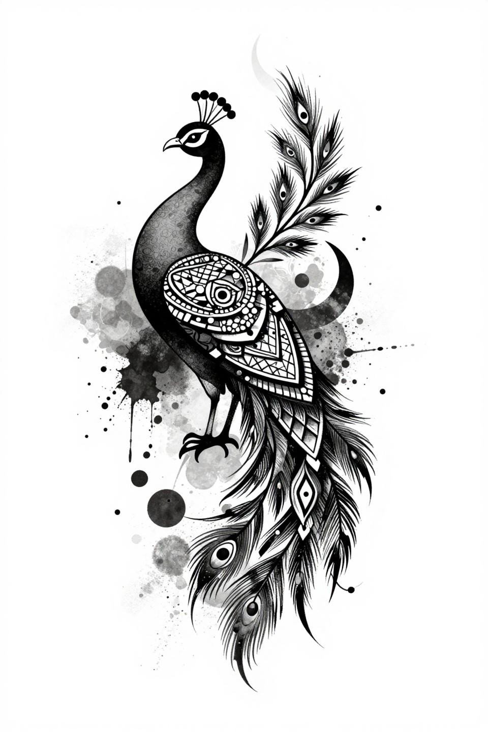 arabic henna peacock trash polka flash, diamond lattice tail feathers, splatter ink bursts, aggressive whip shading, torn-edge bold linework grey wash midtones