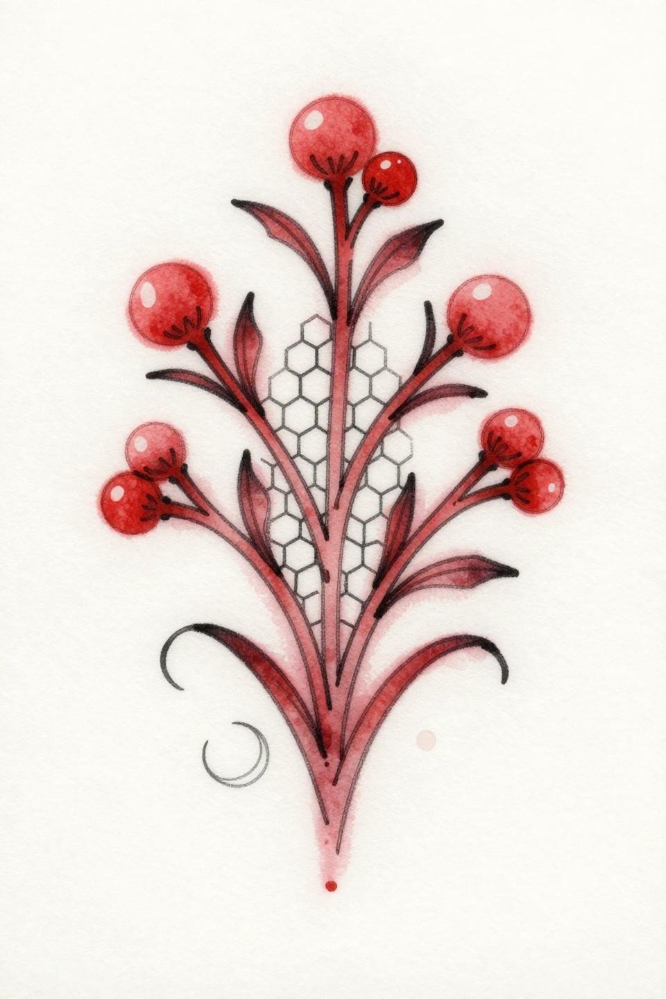 moroccan henna watercolor splash palmette flash, crimson red wash behind clean line skeleton, five radiating vine tendril stems, hexagonal lattice infill, bilateral symmetry, wet ink bleed